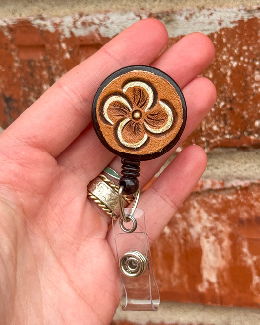 White Bloom badge reel